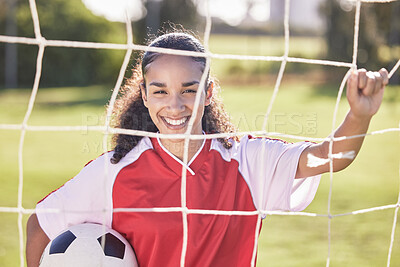 Buy stock photo Happy, motivation and woman soccer player with a football ready for a workout, match or exercise. Portrait of a teen student girl in a sport uniform before fitness and school sports training field