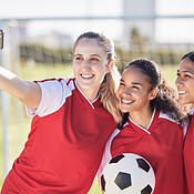 Selfie, soccer and sports team smiling and feeling happy while posing ...