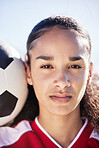 Focus, motivation and young soccer athlete with a football ready for a workout, match or exercise. Portrait of a teen student girl face in a sport uniform before fitness and school sports training 