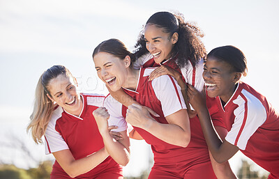 Buy stock photo Soccer, football or team sports for cheering, celebrating or winning team after scoring goal in match, game or championship. Diverse group of fit, active and athletic girls, women or excited friends 