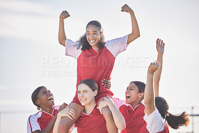 Buy stock photo Win, celebrate and excited women soccer team happy about winning a football match or goal. Success, achievement and sport teamwork collaboration of winner sports women with community support mindset