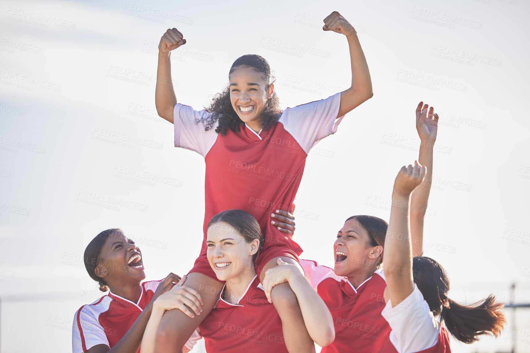 Buy stock photo Win, celebrate and excited women soccer team happy about winning a football match or goal. Success, achievement and sport teamwork collaboration of winner sports women with community support mindset