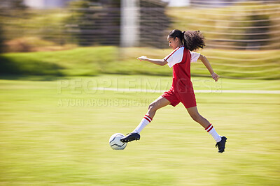Buy stock photo Football, soccer and running girl with a ball doing a sport exercise, workout and training. Moving and young woman athlete in a sports player team uniform runing for fitness cardio on a grass field 