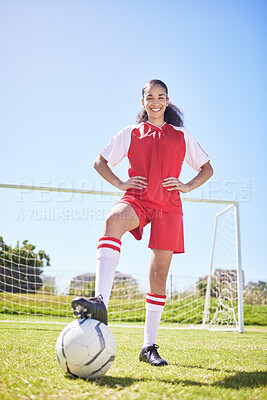 Buy stock photo Sports, football and female athlete training at stadium grass sport field with goal post. Portrait of smiling, excited and happy woman soccer player getting ready for workout standing on green pitch