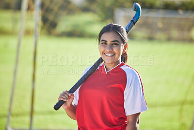 Buy stock photo Happy female hockey coach portrait, women's team sport player with natural field background outdoors alone. Confident athlete training for competition, motivation fitness and collaboration exercise.