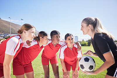Buy stock photo Sports, soccer players and football coach giving women motivation to score goals in the stadium. Collaboration, fitness and healthy girls in a huddle ready to use teamwork on a grass field in summer