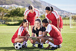 Soccer, sports and woman athlete players planning, discussing and briefing game plan by coach on digital tablet. Teamwork, training and speaking female footballers at stadium field with goal posts