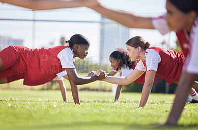Buy stock photo Teamwork, sports and health with a team training together in collaboration or solidarity for practicing and exercise in wellness, sport and fitness. Workout and motivation with a girl athlete group