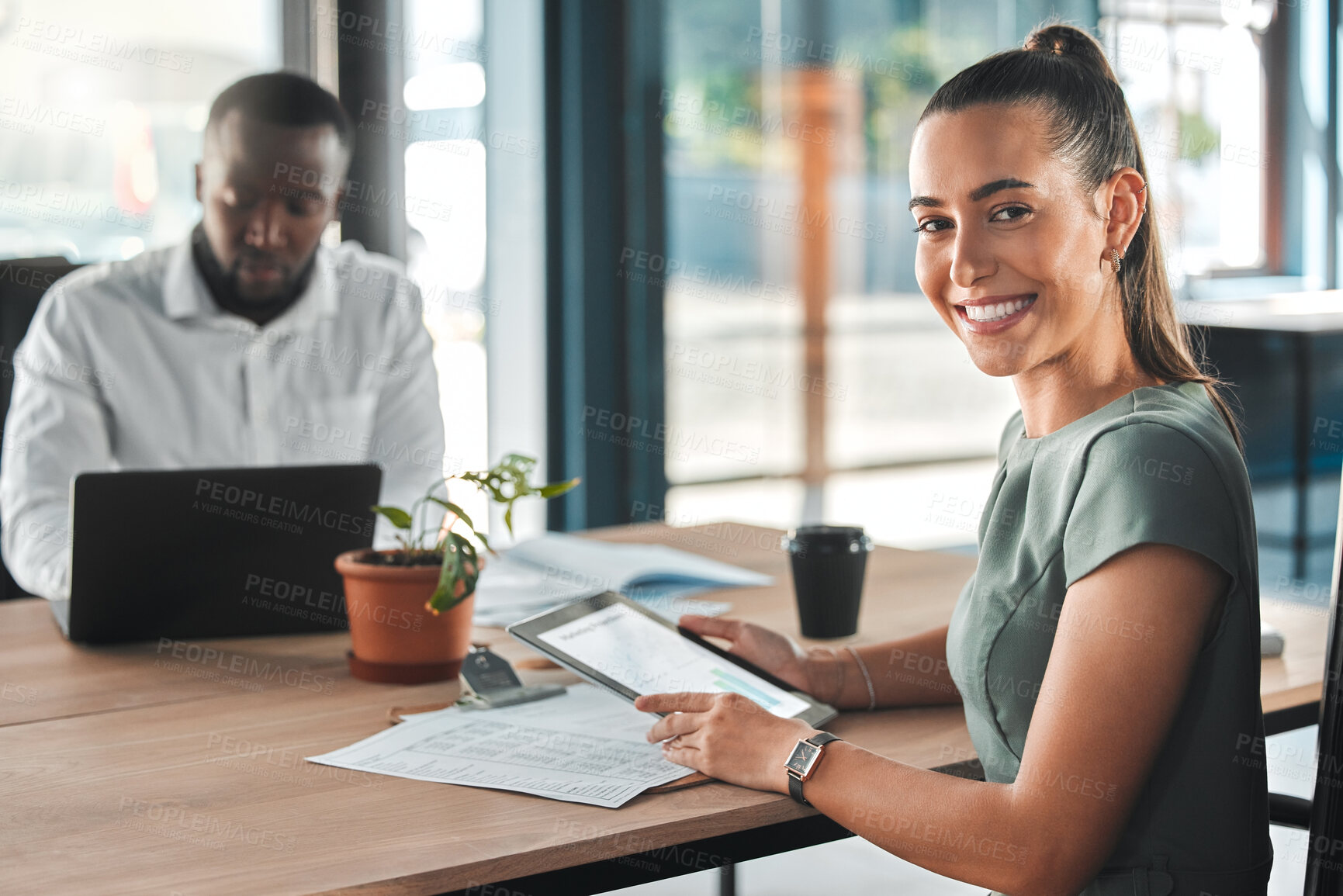 Buy stock photo Digital, email and content marketing businesswoman in project meeting with colleague for seo trends, data analysis and company growth. Portrait of a corporate professional looking happy with her job