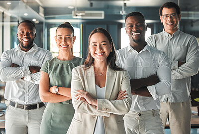 Buy stock photo Portrait of team, posing in the office in a business meeting and smiling. Professional ceo, management and employees showing good teamwork with diverse, young and multiracial workers.