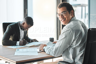 Buy stock photo Business, planning and strategy with a corporate business man in the office for a meeting with his team at work. Teamwork, collaboration and working together with a mindset of development and growth