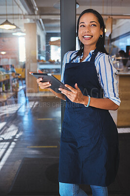 Buy stock photo Startup, management and cafe owner online order on digital tablet doing inventory, happy and checking stock. Smiling woman enjoying her job, looking proud and ambitious at a new small business 