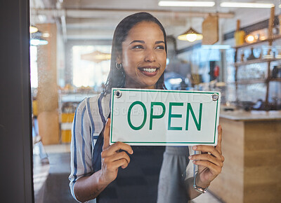 Buy stock photo Small business entrepreneur with open sign, welcome people to cafe or coffee shop. Startup catering and hospitality service store owner or server advertising restaurant in window or glass door.