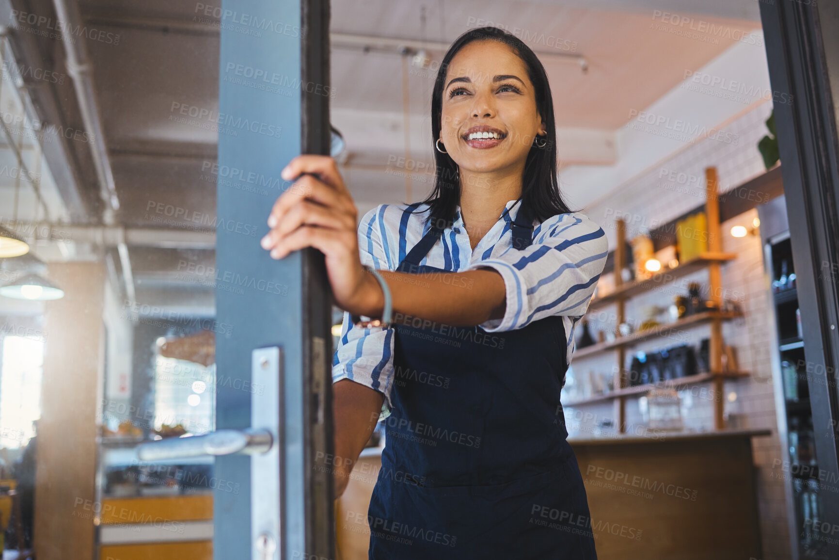 Buy stock photo Welcome to opening cafe, entrance door and store of coffee shop, restaurant or small business. Happy manager, proud entrepreneur and hospitality worker ready for good waitress service in open startup