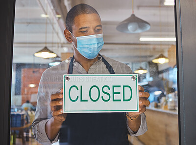 Buy stock photo Covid financial crisis, business closure and lockdown due to recession, startup failure and bankruptcy. Broke cafe worker with closed sign on window for poor economy, store shutdown and pandemic

