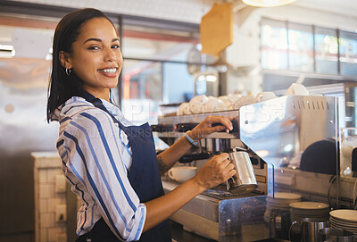 Buy stock photo Barista preparing drink in coffee shop, cafe startup and hospitality restaurant. Portrait of friendly waitress, happy bistro worker and young woman steaming milk for hot cappuccino and waiter service
