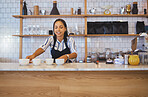 Coffee shop, employee or worker of a woman in a retail business handing warm beverages on a counter at a cafe. Barista serving ready drinks on a table from orders for waiter or waitress to serve.