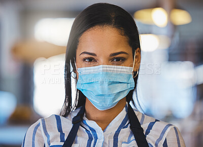 Buy stock photo Startup, coffee shop and restaurant cafe businesswoman with covid face mask, entrepreneur, worker or barista. Closeup of professional business owner, manager or employee working after the pandemic