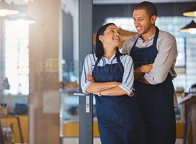 Buy stock photo Small business owner, startup couple standing in coffee shop, cafe or store happy with business dream or entrepreneur development. Manager CEO man and woman with a vision, confidence and success