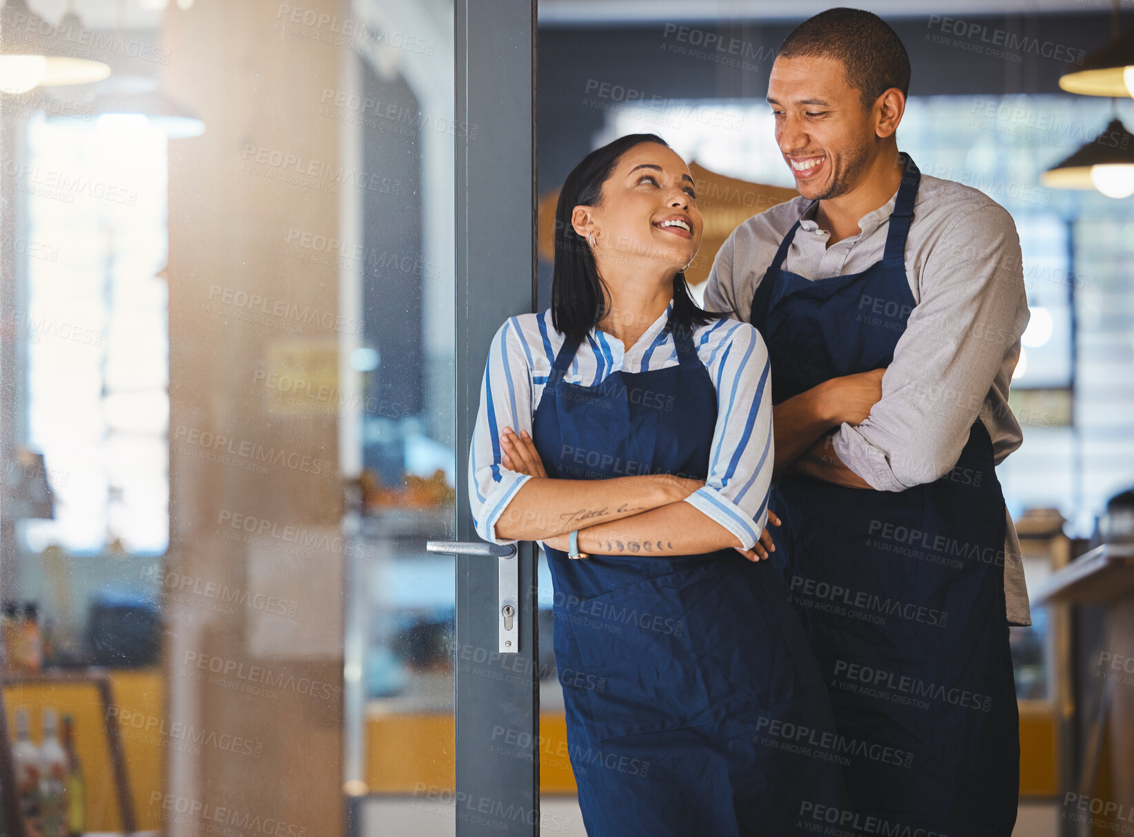 Buy stock photo Small business owner, startup couple standing in coffee shop, cafe or store happy with business dream or entrepreneur development. Manager CEO man and woman with a vision, confidence and success