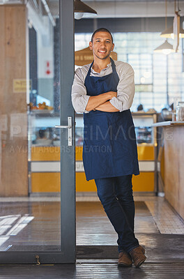 Buy stock photo Entrepreneur of cafe or coffee shop, small business and male owner of a modern startup restaurant. Businessman with motivation, manager and leadership skills standing at the door to welcome customers