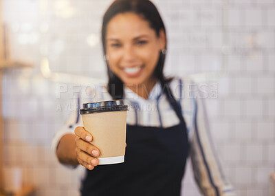 Buy stock photo Coffee shop, closeup and barista holding cup and giving it to the customer at cafe. Female restaurant service worker in beverage business. Small business, management and food worker serving client.