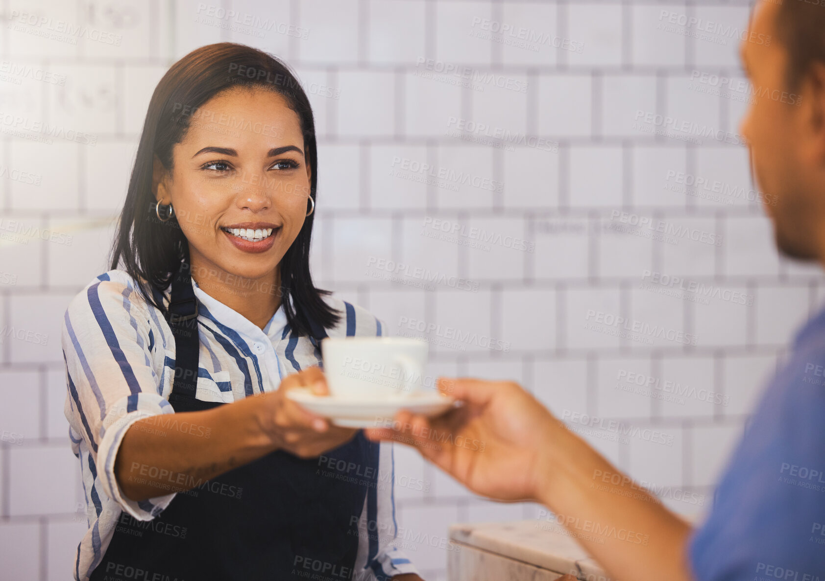 Buy stock photo Waitress serving drink to customer in coffee shop, cafe and restaurant. Friendly woman, happy bistro worker and smile barista giving cup of fresh tea and hot cappuccino for hospitality and service