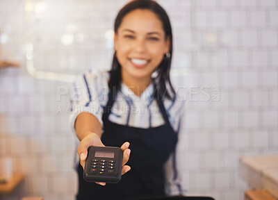 Buy stock photo Payment, card reader and money with a friendly coffee shop employee or cafe worker holding a scanner to service an order. Tap to pay, nfc and simple technology to purchase, buy or make a purchase