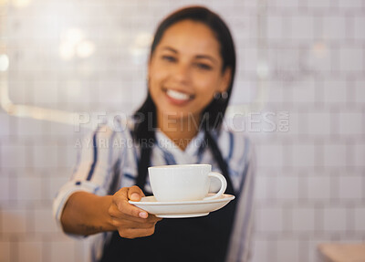 Buy stock photo Small business owner, barista manager or waitress in coffee shop, cafe or retail shop with friendly smile and customer service. Restaurant cashier hands cup of coffee, tea or espresso to POV consumer