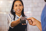 Credit card, payment and customer with an electronic reader  in the hand of a cashier to process a fintech purchase or money spend. Consumer making a banking or finance transaction in a coffee shop