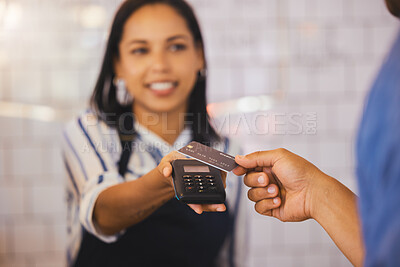 Buy stock photo Credit card, payment and customer with an electronic reader  in the hand of a cashier to process a fintech purchase or money spend. Consumer making a banking or finance transaction in a coffee shop