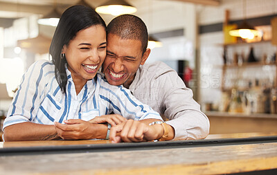 Buy stock photo Couple laughing at funny joke at restaurant, boyfriend and girlfriend bonding with smile on romantic date and celebrating anniversary at coffee shop. Husband and wife showing love, having fun at cafe