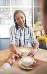 Happy, relax and in love couple holding hands on a coffee date at cafe, bonding and sharing romantic moment. Pov of a girlfriend from a boyfriend loving and flirting, showing care with sweet gesture
