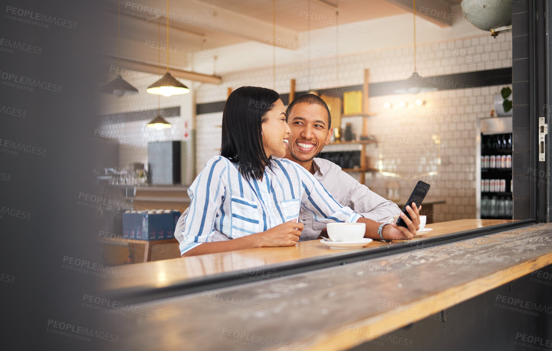Buy stock photo Couple phone selfie, love and cafe date in coffee shop or restaurant and bonding, enjoying free time or smiling. Happy, romantic or cheerful man and woman sitting together and meeting from dating app