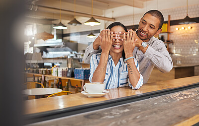 Buy stock photo Wow, surprise and romantic boyfriend covering his girlfriends eyes for a present at a restaurant, coffee shop or cafe store. A happy birthday gift to celebrate their love, couple and woman together
