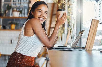 Buy stock photo Happy woman relaxing in a coffee shop with a smile and thinking. Female enjoying relaxed day alone working on a laptop while browsing the internet and social media and having an startup project idea