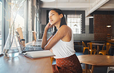 Buy stock photo Thinking, idea and planning woman, writer or entrepreneur with a laptop and notebook dreaming of career growth, development and future plans. Freelancer at a coffee shop for internet blog inspiration