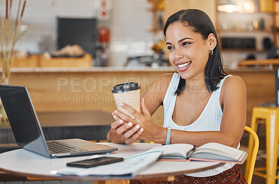 Buy stock photo Student, drinking coffee in cafe on a laptop and on a video call, reading email, books or notebook. Smile, happy and writing business woman working on a computer with her phone in a restaurant.


