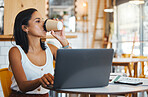 Entrepreneur drinking tea while working on laptop at cafe, woman reading emails online and person enjoying a remote work space at a restaurant. Thinking female browsing the internet at coffee shop