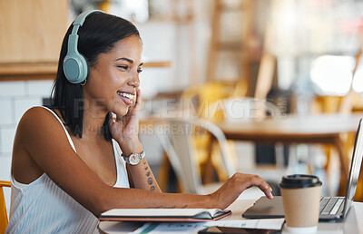 Buy stock photo Happy student relaxing, studying or searching online videos on her laptop at a coffee shop with free internet. Young woman at a cafe store listening to music, radio or podcast news entertainment