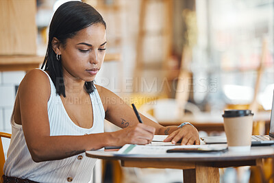 Buy stock photo Small business owner, startup entrepreneur or cafe store manager writing notes, working on strategy or planning in a coffee shop. Professional, finance and budget businesswoman filling out papers.