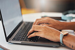 Woman's hands typing on a laptop, writing an email or browsing social media and banking. Close up of female hands on a computer looking up stocks, reading the news and working on the online network. 