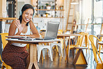 Webinar meeting at internet cafe with woman on laptop video call with headphones waving, greeting webcam in coffee shop. Business freelance worker with smile in zoom meeting for remote global company