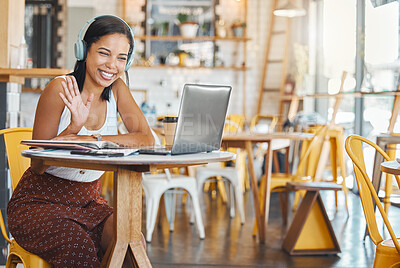 Buy stock photo Webinar meeting at internet cafe with woman on laptop video call with headphones waving, greeting webcam in coffee shop. Business freelance worker with smile in zoom meeting for remote global company