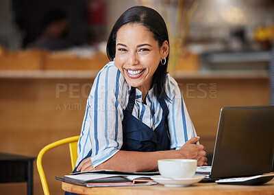 Buy stock photo Cafe and coffee shop owner planning menu, budget and  funds for success of restaurant or startup business. Happy and successful female small business owner working with store profits and finances