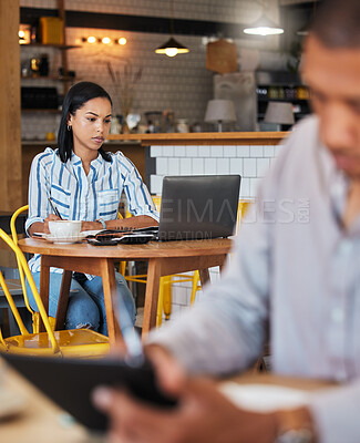 Buy stock photo Working, reading and typing in a coffee shop with a digital worker writing an email on a computer. Job, career focus of a woman startup entrepreneur or digital web writer in a cafe or restaurant
