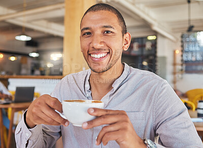 Buy stock photo Coffee shop, break and relaxed man or customer enjoying and drinking delicious fresh espresso, caffeine or cappuccino at cafe or restaurant. Guy with happy face and cup drinking coffee in the morning