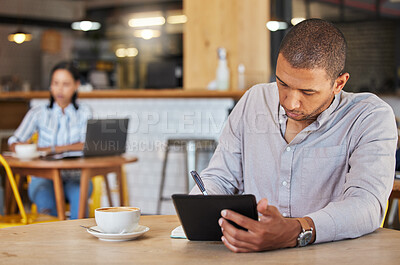 Buy stock photo Freelance, business and coffee shop of a man working in a restaurant doing remote work for his startup. Young male entrepreneur using a tablet planning growth strategy in a cafe and writing notes.