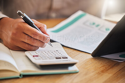 Buy stock photo Accountant or financial advisor calculating the tax, expenses or budget for a business in an office. Closeup of male investment consultant hands working and writing company finance statement