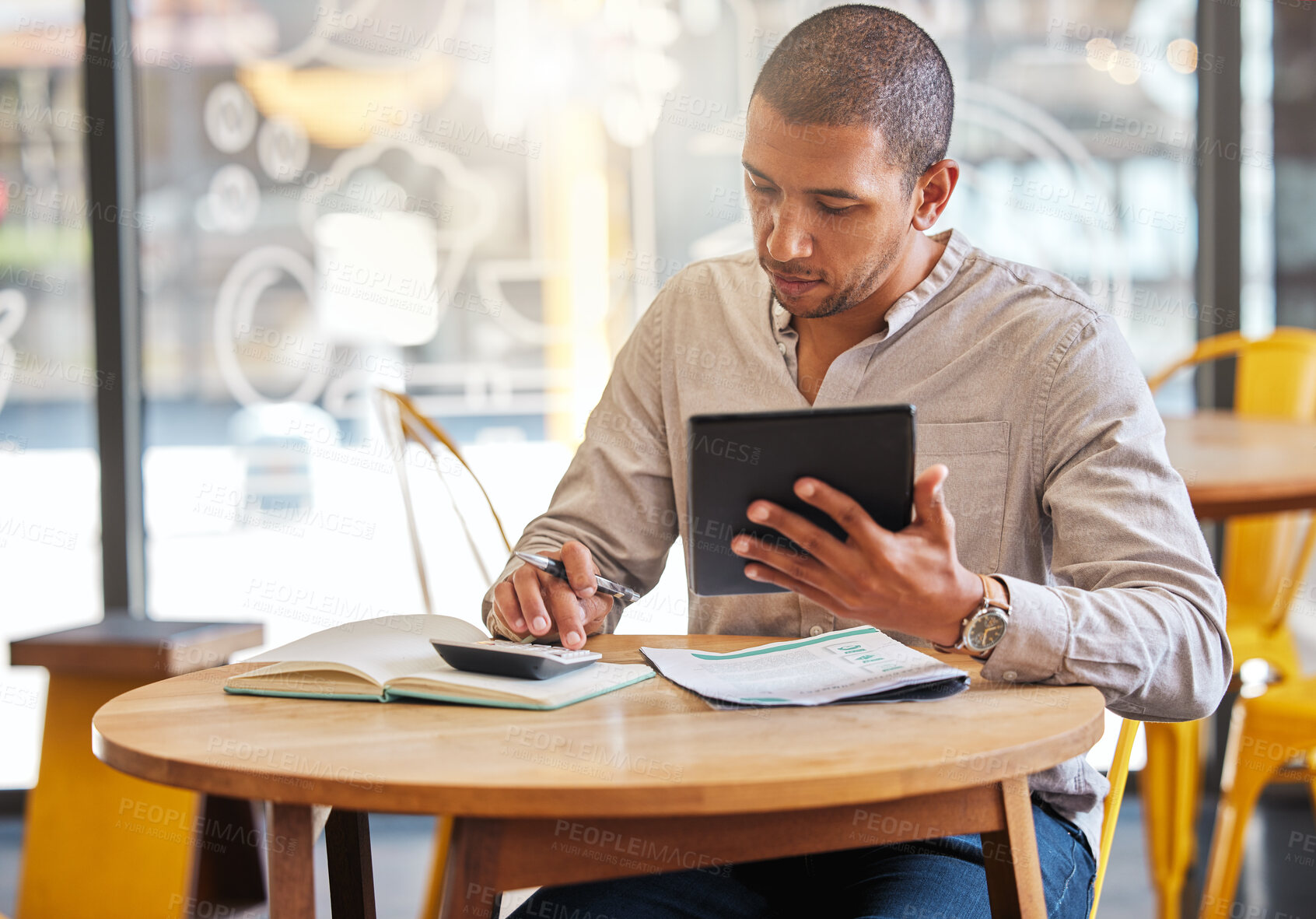 Buy stock photo Accountant, entrepreneur or business man with a tablet calculating profit, startup growth and planning budget at a coffee shop. Freelance worker on digital app working on accounting or tax in cafe